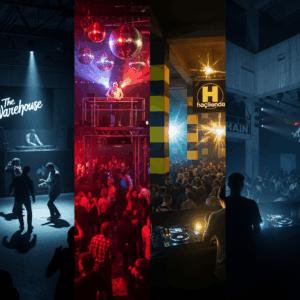 A dynamic four-panel collage illustrating the unique atmospheres of renowned clubs, from "The Warehouse" and "Hacienda" with their distinctive aesthetics to vibrant dance floors filled with disco balls and pulsating lights, representing the diverse experiences offered by legendary nightlife venues.