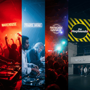 A vibrant four-panel collage showcasing renowned club brands like "WAREHOUSE," "PARADISE GARAGE," "the Haçienda," and "berghain," combining scenes of DJs and energetic crowds with exterior shots of these iconic establishments, highlighting their lasting impact as legendary nightlife venues.