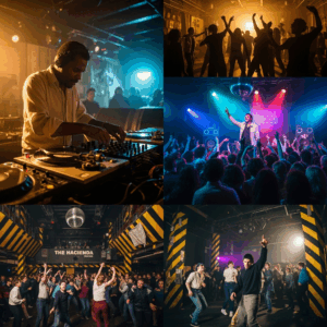 A vibrant four-panel collage capturing the essence of iconic club culture, showing a DJ in action, energetic dance floors, a live performer, and a distinct view of "The Hacienda" club, highlighting memorable moments from legendary nightlife venues.