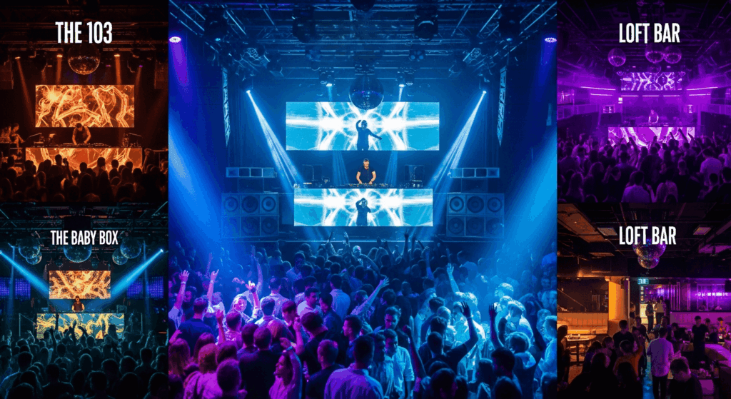 A vibrant four-panel collage showcasing different rooms and atmospheres within a club, labeled "THE 103," "THE BABY BOX," and "LOFT BAR." The panels feature DJs performing to energetic crowds under disco balls and dynamic lighting (orange, blue, purple), highlighting the diverse spaces and experiences at Ministry of Sound. A compelling collage that visually breaks down the distinct environments of the club, including "THE 103," "THE BABY BOX," and "LOFT BAR," each bustling with DJs and dancers under varied lighting, demonstrating the multi-room experience synonymous with Ministry of Sound.