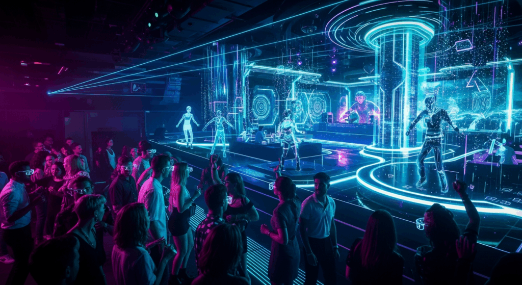A panoramic view of a futuristic club, packed with attendees in smart glasses, witnessing a dazzling display of holographic performers and a virtual DJ in a neon-lit, digitally enhanced environment, perfectly capturing the essence of the metaverse & hybrid nightlife.