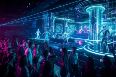 A panoramic view of a futuristic club, packed with attendees in smart glasses, witnessing a dazzling display of holographic performers and a virtual DJ in a neon-lit, digitally enhanced environment, perfectly capturing the essence of the metaverse & hybrid nightlife.