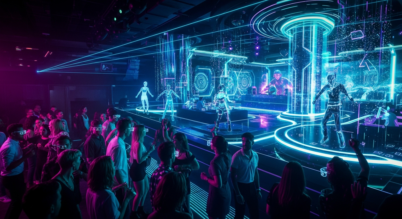 A panoramic view of a futuristic club, packed with attendees in smart glasses, witnessing a dazzling display of holographic performers and a virtual DJ in a neon-lit, digitally enhanced environment, perfectly capturing the essence of the metaverse & hybrid nightlife.