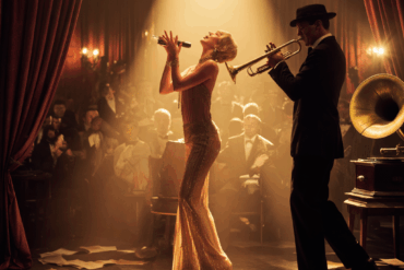A female singer in a glittering gown performs on stage, bathed in a spotlight, with a male trumpet player beside her, illustrating a moment from the history of nightlife.