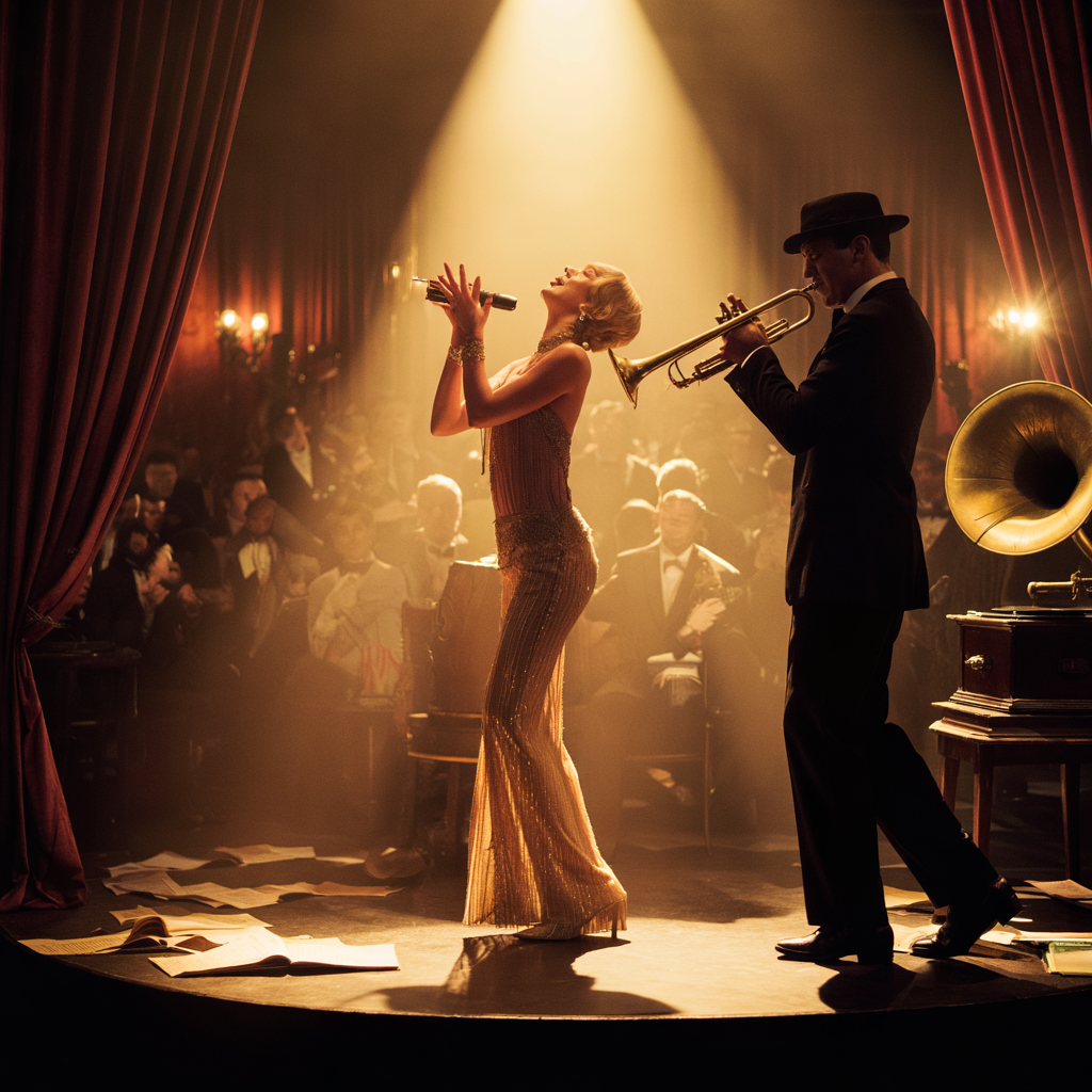 A female singer in a glittering gown performs on stage, bathed in a spotlight, with a male trumpet player beside her, illustrating a moment from the history of nightlife.