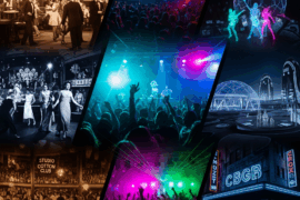 A visually engaging collage depicting the historical progression of iconic entertainment spaces, from elegant black-and-white vintage clubs to energetic modern concert halls and futuristic glowing venues, encapsulating the essence of legendary nightlife venues across eras