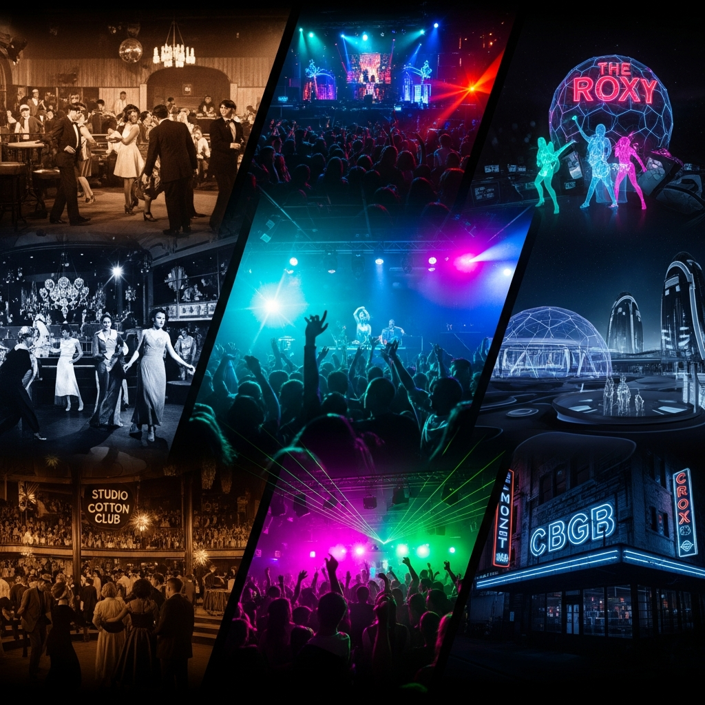 A visually engaging collage depicting the historical progression of iconic entertainment spaces, from elegant black-and-white vintage clubs to energetic modern concert halls and futuristic glowing venues, encapsulating the essence of legendary nightlife venues across eras