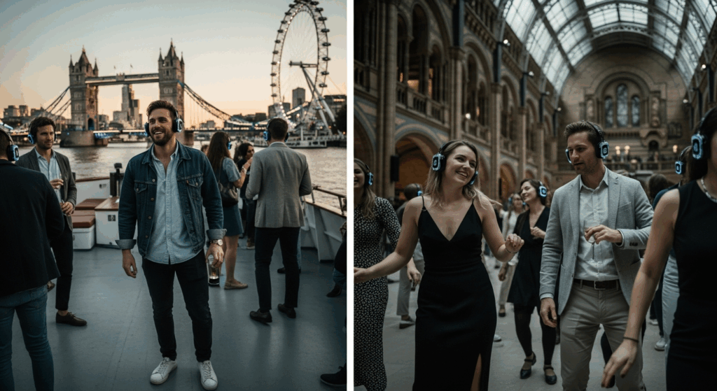 For Thames boat parties in London, opt for smart-casual attire, such as a lightweight button-down shirt and dark jeans, complemented by a jacket to counter the river breeze. Museum silent discos at venues like the Natural History Museum and Tate Modern call for more polished outfits, like a light blazer or stylish trousers, suitable for an older crowd. For walking dancing tours, such as Silent Adventures, prioritize sporty clothing like athletic leggings and moisture-wicking tops to accommodate movement through varied weather.