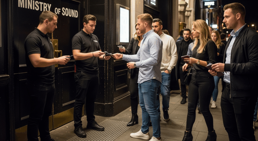 A night-time scene at the exterior entrance of the Ministry of Sound London nightclub. Two security guards dressed in black polo shirts are standing by the large black doors, inspecting identification cards and tickets held by a line of patrons. The guests are dressed in smart-casual attire, with a man in a light blue shirt and a woman in black standing at the front of the queue, preparing to enter the venue.