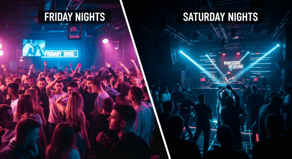 A composite image contrasting two different nightlife vibes at a club, labeled "Friday Nights" and "Saturday Nights." The left side, representing Fridays, features warm pink and purple lighting with a tightly packed crowd socializing and dancing on a busy floor. The right side, representing Saturdays, depicts a concert-like atmosphere with cool blue laser beams and spotlights focused on a DJ performing on a raised stage, with a digital display behind them bearing a logo stylized like Ministry of Sound London. A split-screen comparison showing the crowded dance floor atmosphere of Friday nights versus the laser-lit DJ performance of Saturday nights at Ministry of Sound London.