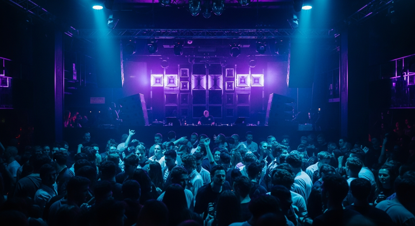 A DJ performing for a packed crowd under blue and purple lights in the main room at Ministry of Sound London.