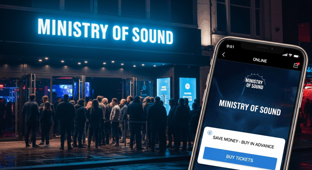 A composite image showing the exterior of the Ministry of Sound London nightclub at night, illuminated by a large, bright blue neon sign above the entrance where a crowd of people is queuing. In the foreground on the right, a large smartphone screen is overlaid, displaying the venue's mobile booking page. The phone screen features the club's logo and a prompt reading "Save Money - Buy In Advance" above a large blue "Buy Tickets" button.