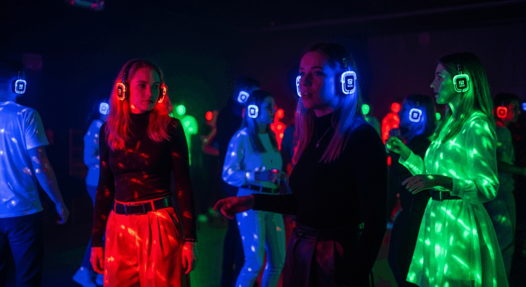 Silent disco events are different from regular clubs because they have a unique visual environment. The LED headphones fill the dance floor with changing colored lights. Red, blue, and green channels make it feel like a theater. This light show includes your clothes, so it's more important than you might think to choose your clothes carefully.