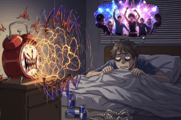 An illustration depicting the exhaustion of a Monday after clubbing, featuring a terrified man in bed staring at a screaming, monster-like alarm clock while a thought bubble shows memories of a party and energy drinks litter the floor.