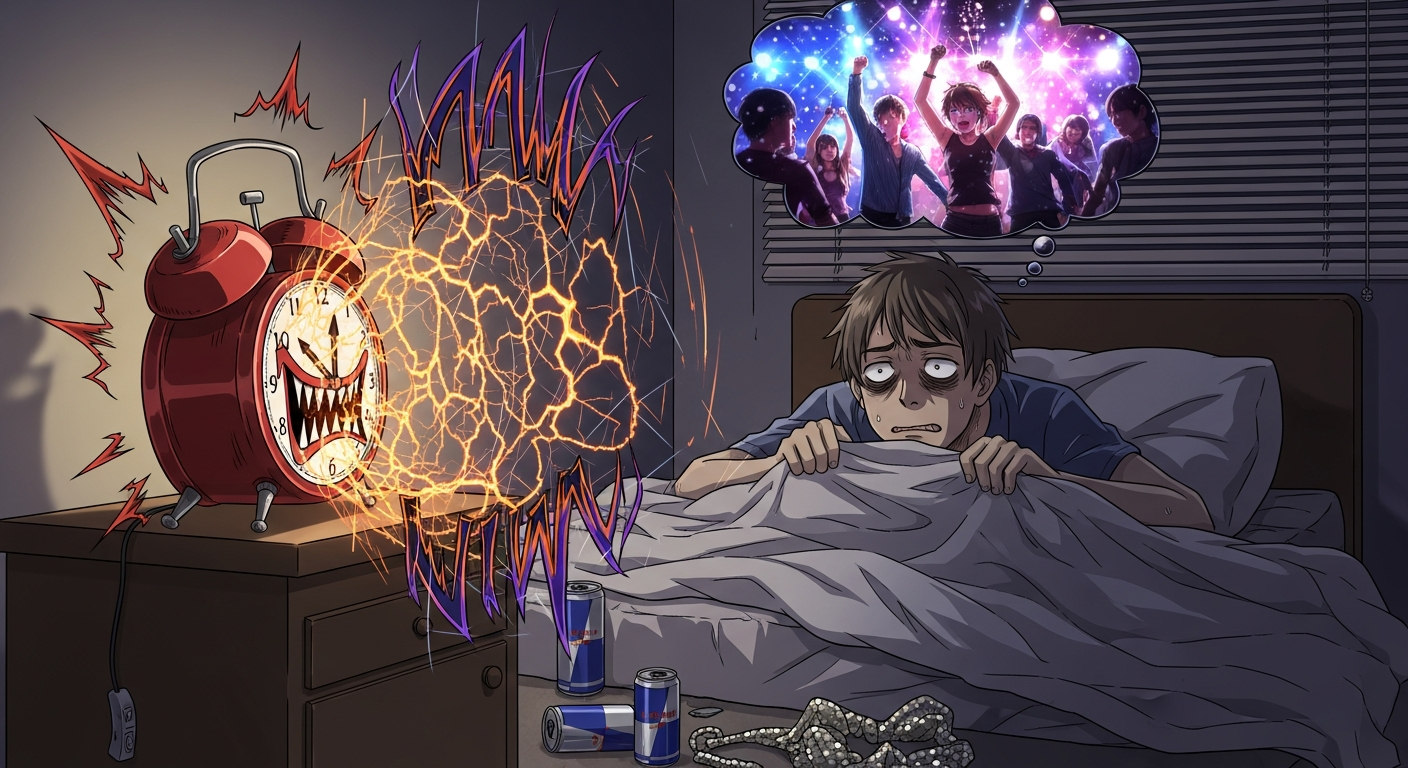 An illustration depicting the exhaustion of a Monday after clubbing, featuring a terrified man in bed staring at a screaming, monster-like alarm clock while a thought bubble shows memories of a party and energy drinks litter the floor.