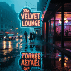 A vibrant neon sign for "The Velvet Lounge" glows on a rainy city street at dusk, reflecting in the wet pavement, with people walking towards the entrance and a band visible inside, depicting a moment in the history of nightlife.